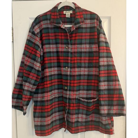 VTG Eddie Bauer Shacket Women’s LG Red Plaid Chore Coat Pockets Flannel Warm EUC - Picture 1 of 11